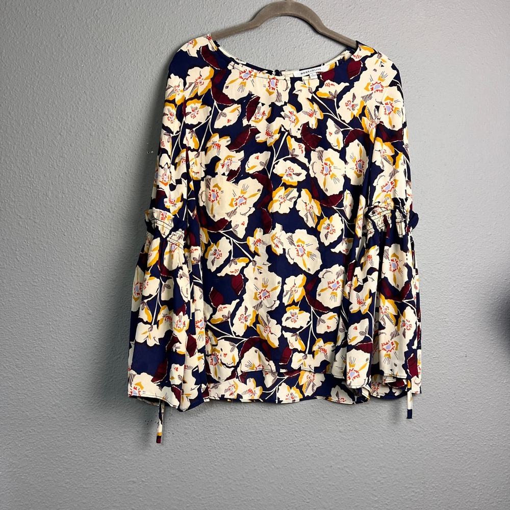 Rose + Olive Navy Floral Bell Sleeve Boho Blouse Large Tie Elbow Keyhole Back